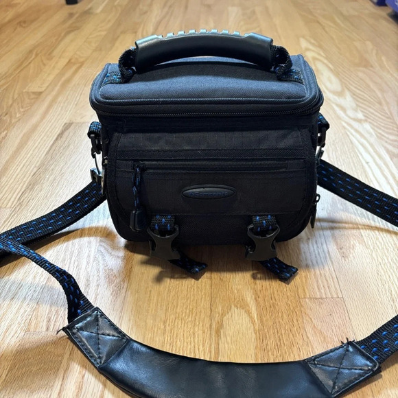 90's Padded Samsonite Camera Bag w Shoulder Strap Many POCKETS BLACK Blue Nylon - Picture 1 of 6
